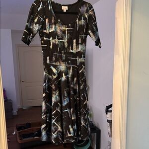 LuLaRoe Nicole Black and Multicolor Geometric Midi Dress